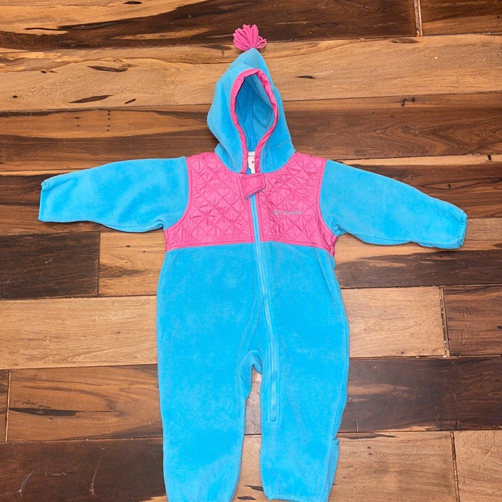 Columbia Baby Girls Size 18 Months Fleece Bunting Full Zip Blue & Pink Hooded